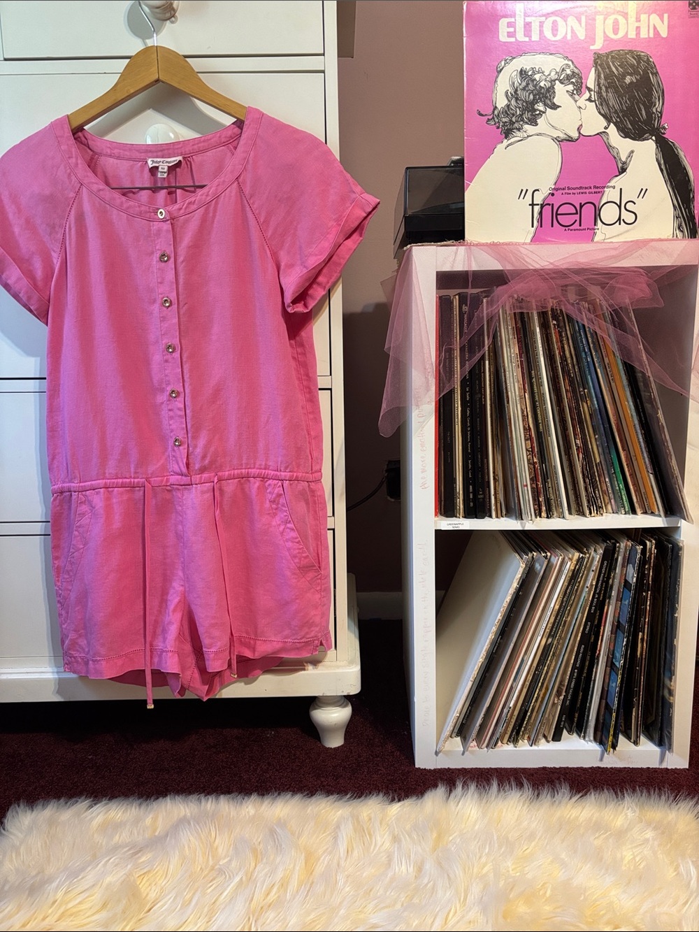 Y2K Juicy Couture Linen Barbie Pink Romper Playsuit Dress Gold Jumpsuit Shorts
